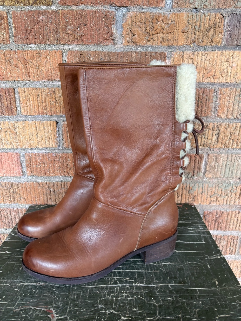 UGG Cary Wool Whiskey Boots Heeled Corset Lace Up Back Brown Sz 8